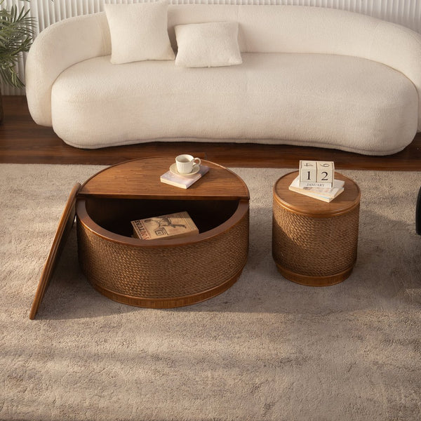 English Elm Flower-shaped Rattan Coffee Table Boho Woven Design with Hidden Lift Top Storage W3081P464721