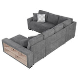 English Elm 109" U-Shaped Sectional Sofa Pull-Out Sofa Bed With Two Usb Ports, A Storage Chaise Lounge and Four Back Pillows For Living Room, Grey