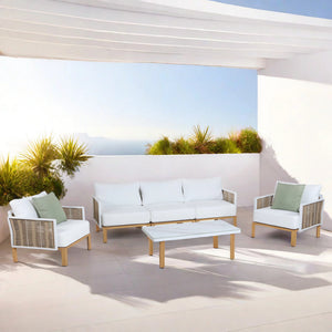 English Elm Vine 4-Piece Conversation Set Cream — Waterproof Aluminum & UV-Resistant Cushions, Marble Table Elegance B365S00106