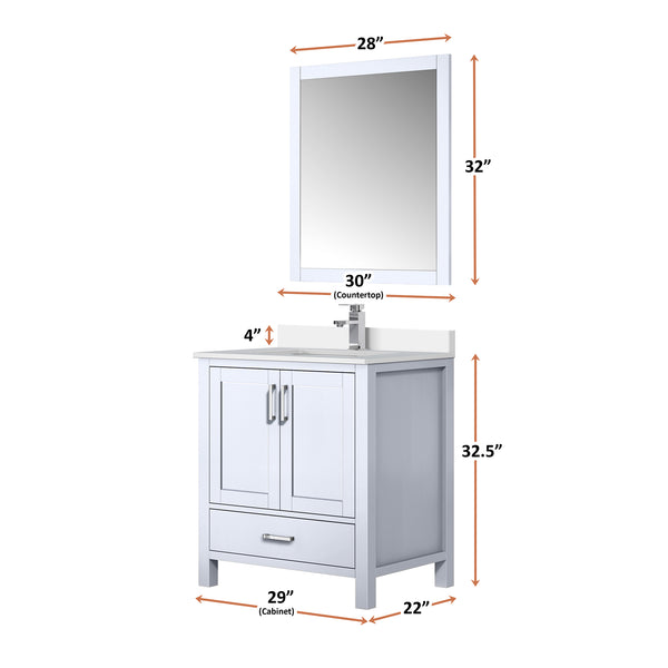 English Elm White Bath Vanity 30" W x 22" D with White Quartz Scratch-Resistant Top, Chrome Faucet & 28" Mirror B2731S01249