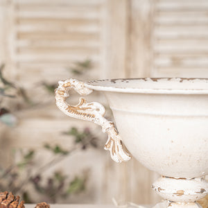 English Elm Vintage Double-Handled Flower Pot Off-White Metal Rustic Charm for Home, Garden, Gift, 10x9 in W2946P243926