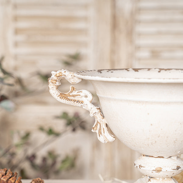 English Elm Vintage Double-Handled Flower Pot Off-White Metal Rustic Charm for Home, Garden, Gift, 10x9 in W2946P243926