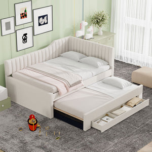 English Elm Full Upholstered Daybed with Trundle and Three Drawers, Linen-Blend Fabric, Space-Saving Guest Bed, Storage-Friendly Design Beige DL002058AAA