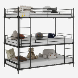 English Elm Heavy-duty triple bunk bed frame with built-in ladder, full guardrails, metal slats, space-saving design Black W1935P330699