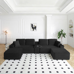 English Elm 125'' Modular L-shape Sectional Corduroy Cloud Couch with Storage and Usb Charging Black W1117S00420