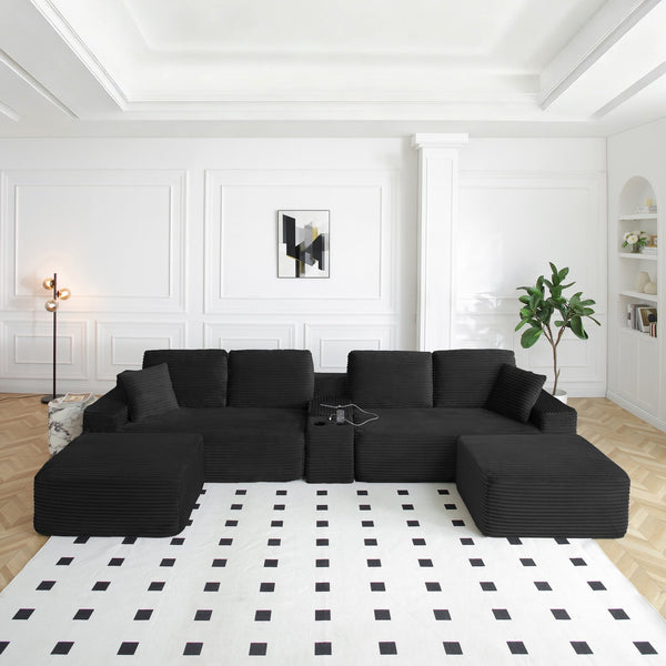 English Elm 125'' Modular L-shape Sectional Corduroy Cloud Couch with Storage and Usb Charging Black W1117S00420