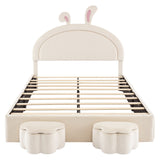 English Elm Full Size Upholstered Rabbit-Shape Bed With 2 Storage Stools, Velvet Platform Bed With Cartoon Ears Shaped Headboard, White