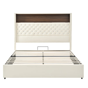 English Elm Queen Velvet Tufted Wingback Platform Bed Tall Headboard with Usb Charging Shelf Beige N733P367135A