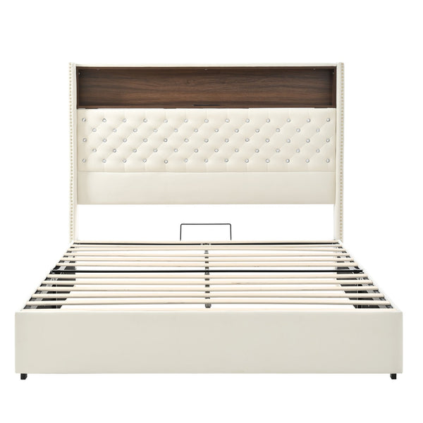English Elm Queen Velvet Tufted Wingback Platform Bed Tall Headboard with Usb Charging Shelf Beige N733P367135A