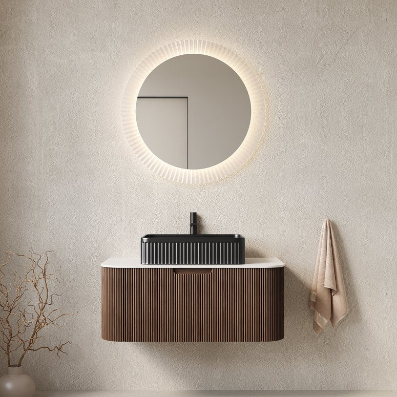 English Elm Dina Floating Bathroom Vanity Sintered Stone Top Glass Basin Striped Plywood Cabinet W2615S00419