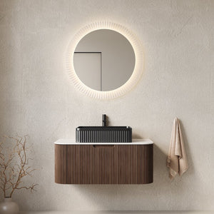 English Elm Dina Floating Bathroom Vanity Sintered Stone Top Glass Basin Striped Plywood Cabinet W2615S00419