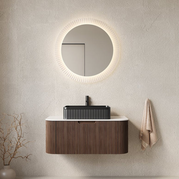 English Elm Dina Floating Bathroom Vanity Sintered Stone Top Glass Basin Striped Plywood Cabinet W2615S00419