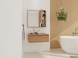 English Elm 30'' Wall Mounted Mirror Cabinet Black Aluminum Frame Soft Close Bathroom Storage W999S00539