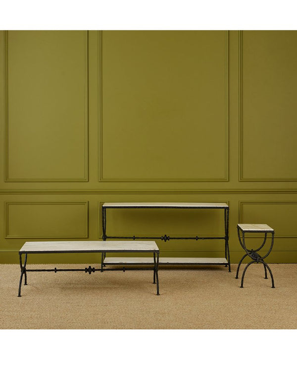 Currey & Company Agora White Travertine Side Table - Elegant Greek-inspired Design With Bronze Hourglass Legs & Veining Black White Travertine ,Wrought Iron 4000-0243-currey-company