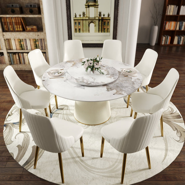 English Elm 59.05 "Modern Round Dining Table With Sintered Stone Top & Lazy Susan – Seats 6-8 People Comfortably" W1535S00451