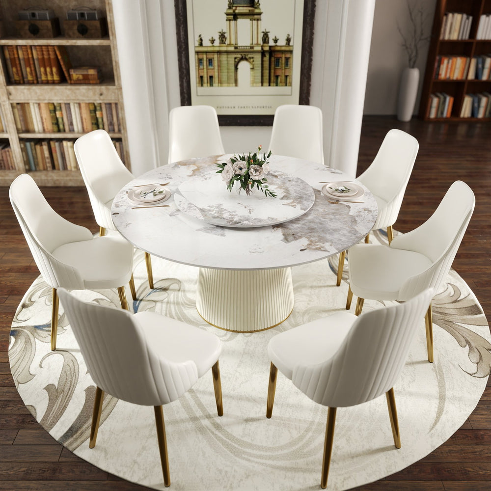English Elm 59.05 Round Sintered Stone Dining Table with Turntable Pedestal Base Seats Eight W1535S00635