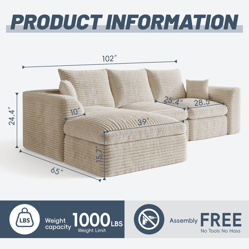 English Elm Modular Cloud Sectional Corduroy Sofa with Reversible Chaise and Memory Foam Comfort Beige White W5638S00005
