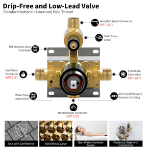 English Elm Male Npt Tub Faucet Set - Matte Black Wall-Mount Shower With Handheld, Solid Brass Waterfall Design T3177P272087
