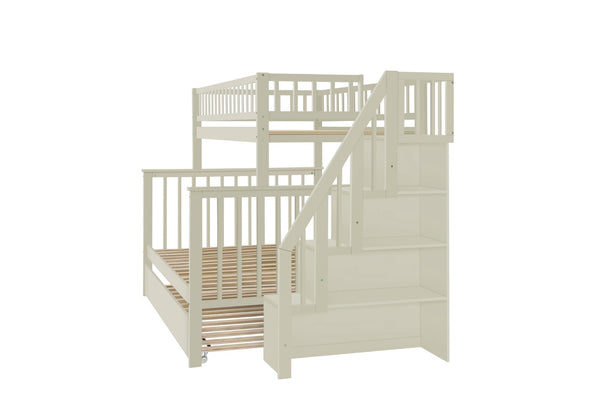 English Elm Twin Over Full Stairway Bunk Bed With Trundle & Storage – Stylish Cream Design For Kids & Teens K495S00004-GIGA