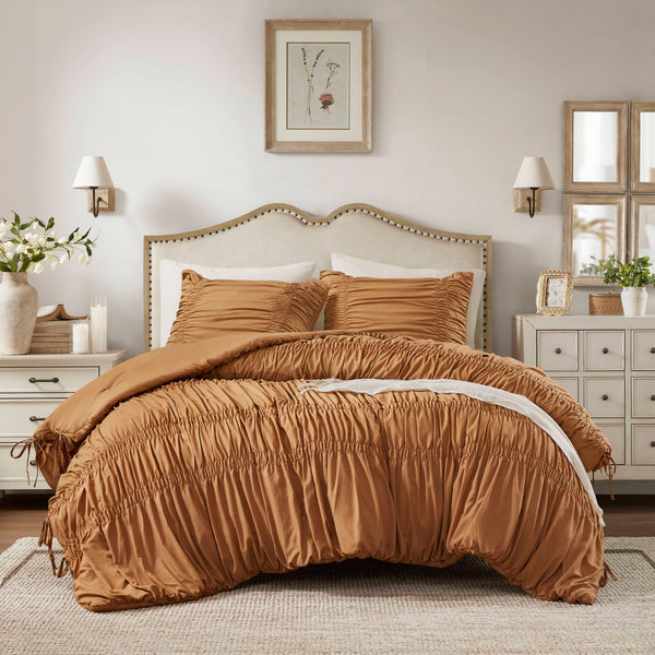 English Elm 2pcs Shabby Chic Ruched Comforter Set Bow Trim Brushed Polyester Fill Romantic Bedroom Brown B035P341088