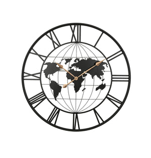 English Elm 36 Inch Large Black Metal Wall Clock – Modern World Map Design With Elegant Gold Pointers For Any Room W1445P249307