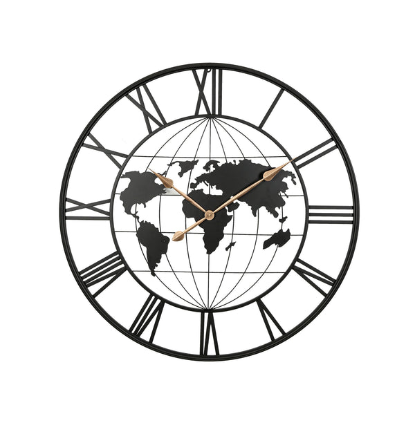 English Elm 36 Inch Large Black Metal Wall Clock – Modern World Map Design With Elegant Gold Pointers For Any Room W1445P249307
