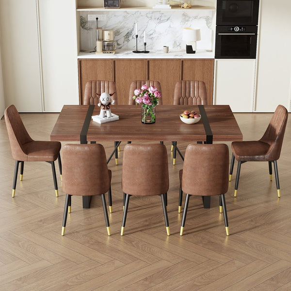 English Elm Table & Chair Set: Industrial Walnut Dining Table With 8 Brown Suede Chairs For Modern Spaces W1151S02433-GIGA