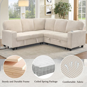 English Elm L-Shaped Sofa with Pull-Out Bed and Storage, 5-Seat Sectional with USB, Cup Holders, Cozy Chenille Beige W1998S00075