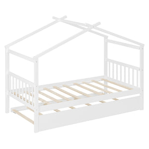 English Elm Twin House Bed Solid Pine Cottage Frame with Pull Out Trundle for Kids Bedroom White N708P309238K