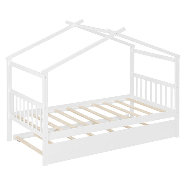 English Elm Twin House Bed Solid Pine Cottage Frame with Pull Out Trundle for Kids Bedroom White N708P309238K