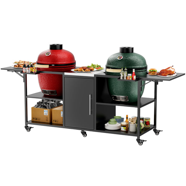 English Elm Outdoor Dual Kamado Grill Cart with Stainless Steel Top Iron Frame and Storage Cabinet W3190P328545
