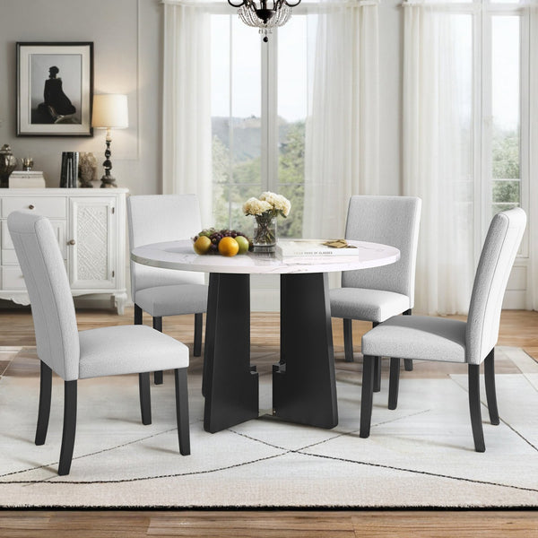 English Elm 5-Piece Round Dining Set with 43" Modern MDF Table and 4 Upholstered Fabric Chairs for Compact Spaces Beige+White N752S001055K