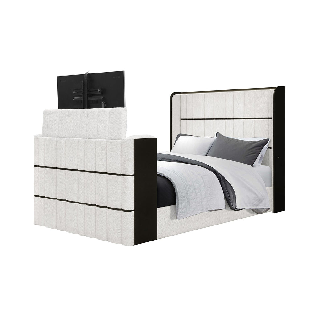 English Elm Isaiah Luxury Bed with 50" TV Lift, Built‑In Speakers, LED Lighting and Fireplace in White/Black Queen B201S00411