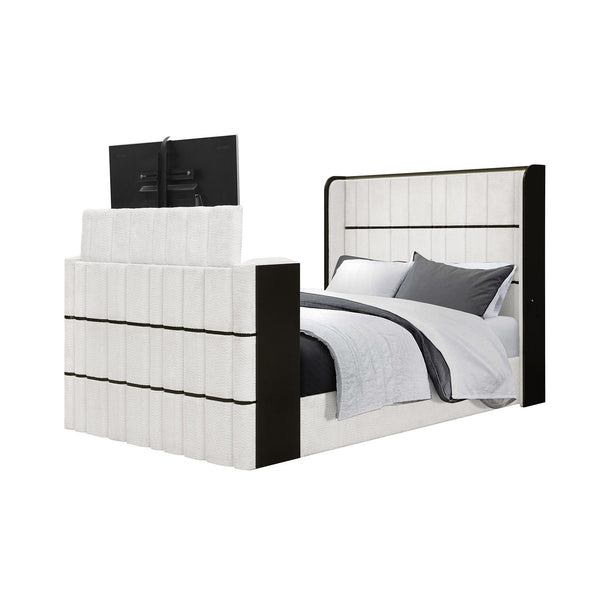 English Elm Isaiah Luxury Bed with 50" TV Lift, Built‑In Speakers, LED Lighting and Fireplace in White/Black Queen B201S00411