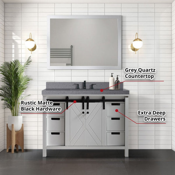 English Elm White Bath Vanity Set With 48" Cabinet, Grey Quartz Top, Matte Black Faucet & 44" Mirror For Elegance B2731S01277-GIGA