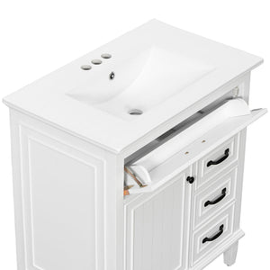 English Elm 30 Inch Freestanding Bathroom Vanity Solid Pine Cabinet Ceramic Sink Top Storage White N725P412782K