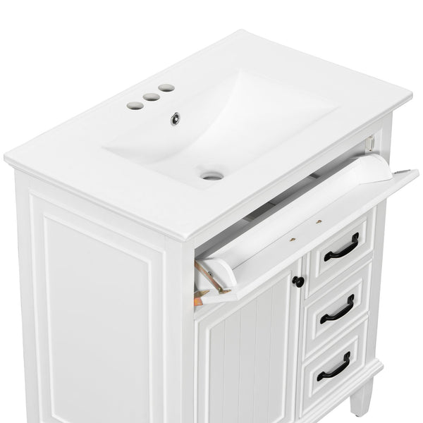 English Elm 30 Inch Freestanding Bathroom Vanity Solid Pine Cabinet Ceramic Sink Top Storage White N725P412782K