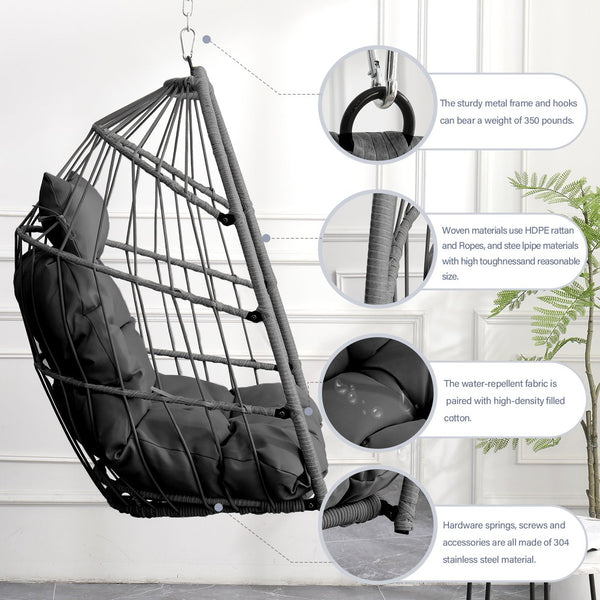 English Elm Outdoor Egg-shaped Hanging Chair with Stand - Cozy Cushioned Swing, Sturdy 350 lb Frame, Indoor/Patio Use Gray+Gray W2500P309523