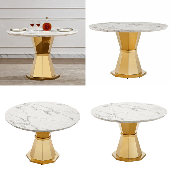 English Elm 47" Round Marble Dining Table – Elegant Faux Marble Top & Stainless Steel Base For Modern Dining Spaces W3456S00032