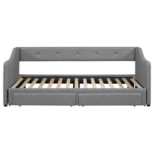 English Elm Twin XL Upholstered Daybed with Two Drawers — Convertible King Sofa Bed, Buttoned Back, Linen Upholstery Gray DL002056AAE
