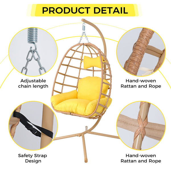 English Elm Egg Hanging Chair with Stand Pe Rattan Swing Seat Washable Cushion Patio Bedroom T5880P497431