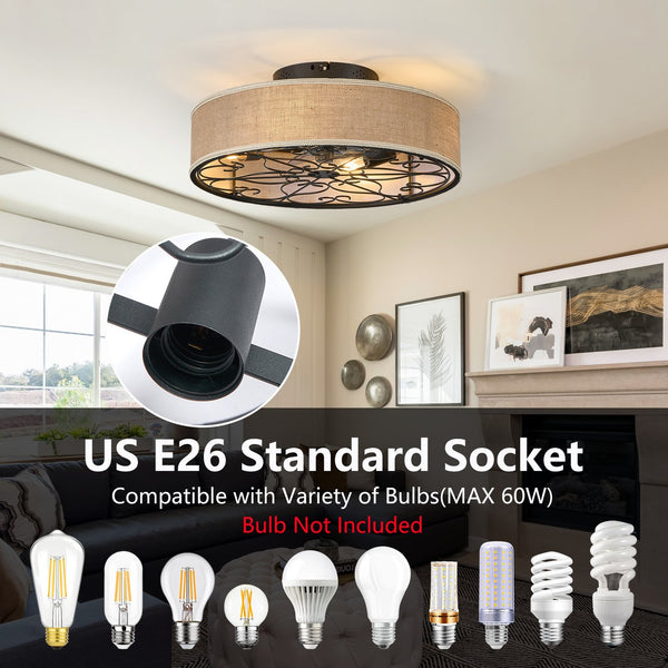 English Elm 20 20-Inch Caged Flush Mount Ceiling Fan with LED Lights, Bladeless Fabric Shade, Remote, DC Quiet W1340P343837