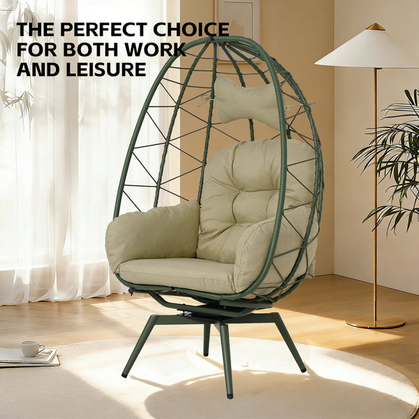 English Elm Oversized Swivel Wicker Egg Chair with Plush Cushions for Patio or Indoor Lounge T5880P501011
