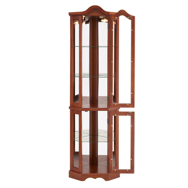 English Elm Corner Curio Display Cabinet with Mirrored Back, Interior Lighting, Adjustable Glass Shelves, Elegant Finish Walnut W1693P171662