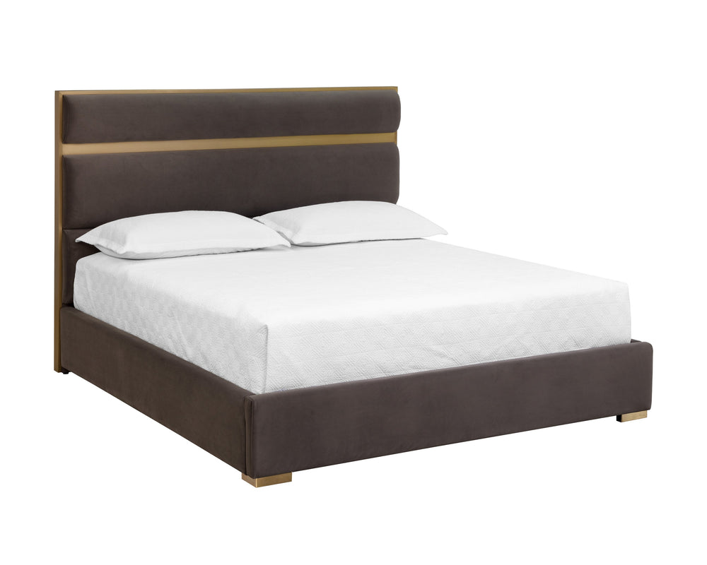 Sunpan Reign Bed - Elegant Meg Ash Fabric with Gold Stainless Steel Headboard, No Box Spring Needed King