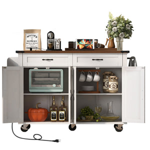 English Elm K&k Farmhouse Rolling Kitchen Island with Drop Leaf Power Outlets and Storage Cabinet White N707S170348W