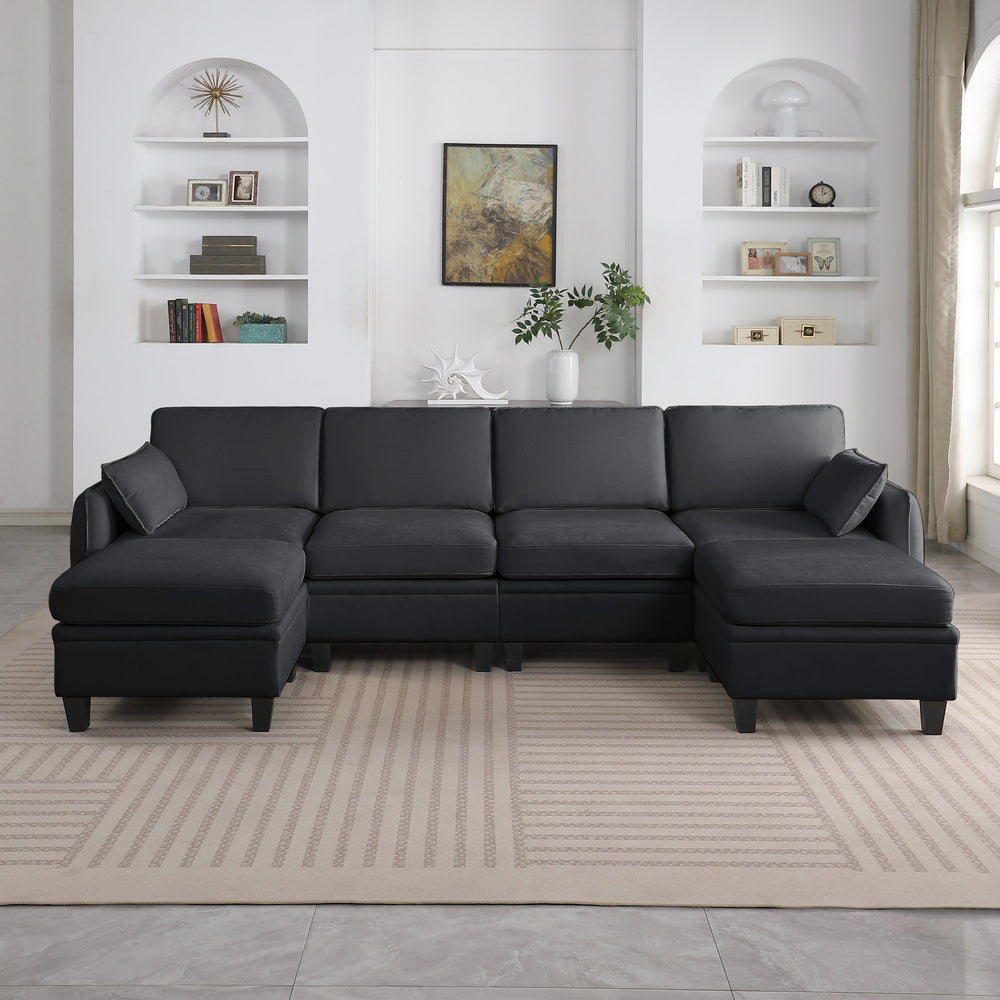 English Elm 102 Inch Linen Modular Sectional Sofa with Hidden Storage and Cloud Cushion Comfort Black W1099S00217