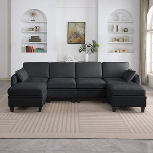 English Elm 102 Inch Linen Modular Sectional Sofa with Hidden Storage and Cloud Cushion Comfort Black W1099S00217