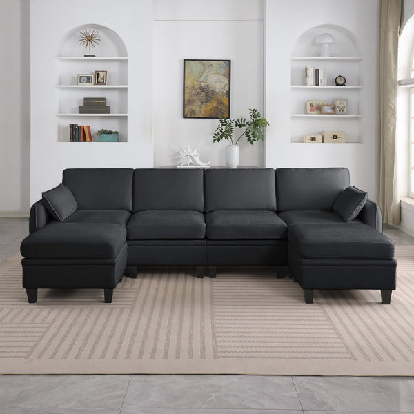 English Elm 102 Inch Linen Modular Sectional Sofa with Hidden Storage and Cloud Cushion Comfort Black W1099S00217