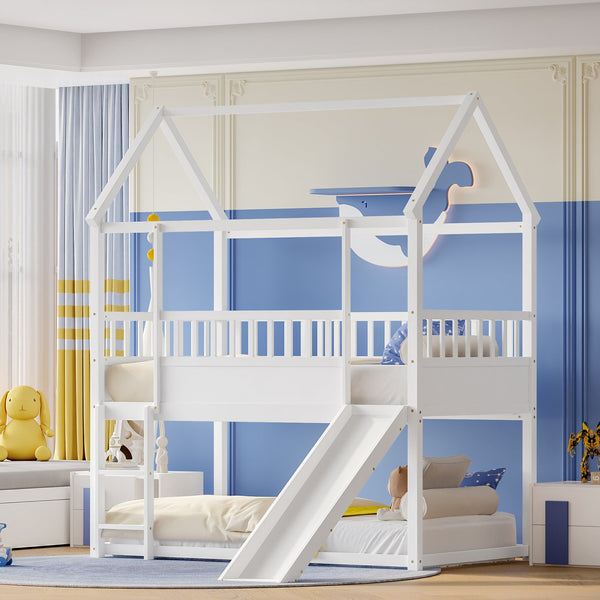 English Elm House Twin Bunk Bed with Built-In Slide and 3-Stage Ladder, Pine French Design with High Guardrail Safety White W1858P241095